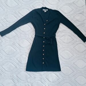 Women's Black Ribbed Button-Front Long Sleeve Dress with Tie Waist